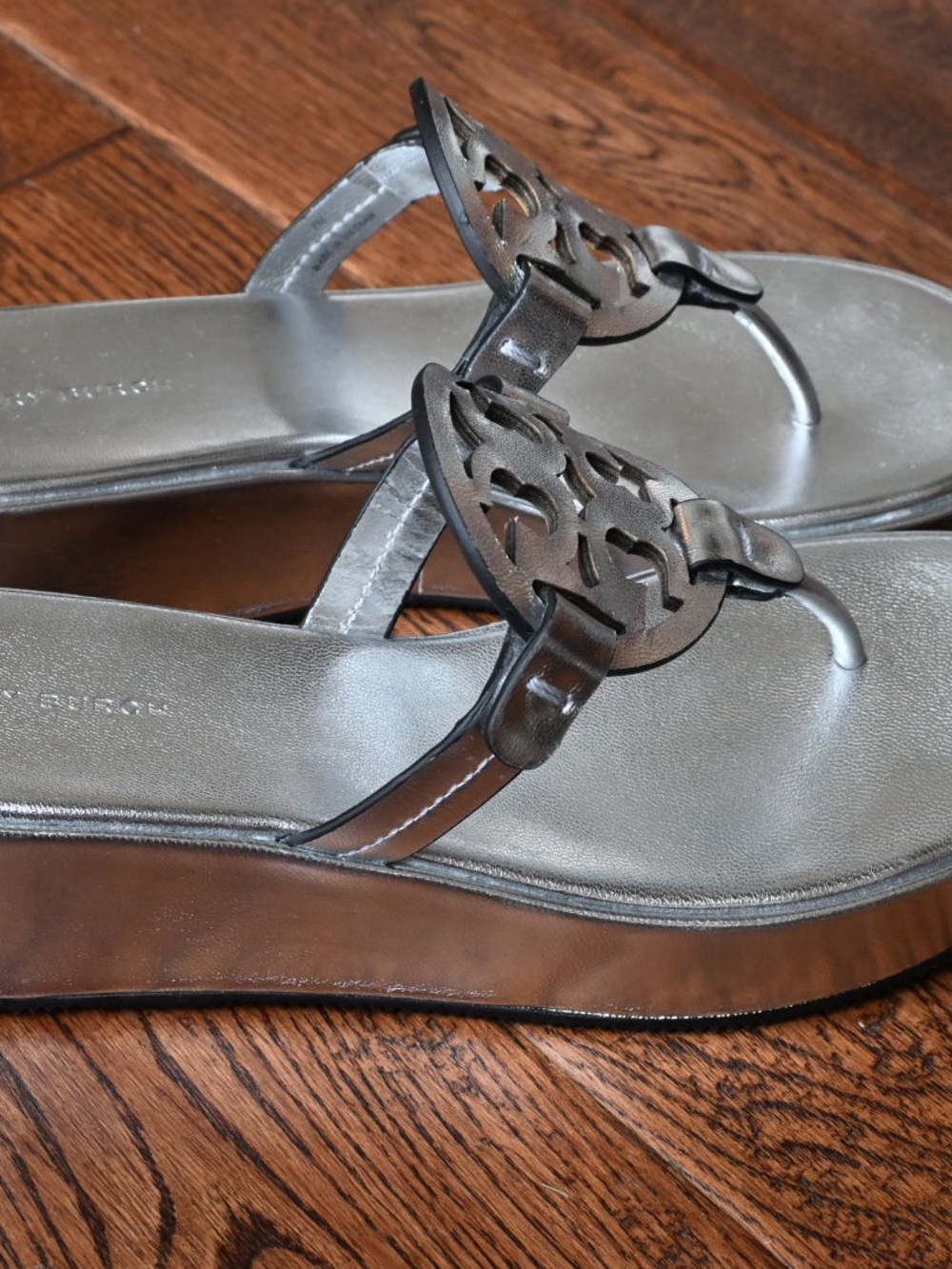 Tory Burch Metallic Silver Logo Thong Sandals
